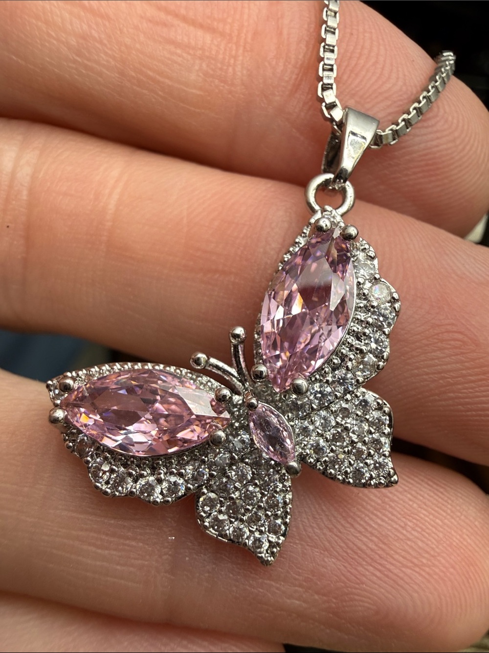 Stunning MOISSANITE DIAMOND Butterfly Pendant Pink STERLING SILVER NECKLACE NEW